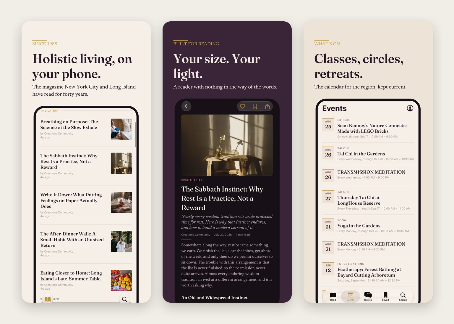 Three Creations Magazine app screens: the latest pieces with their photographs, a piece open to read in dark mode, and the events calendar of classes and gatherings.