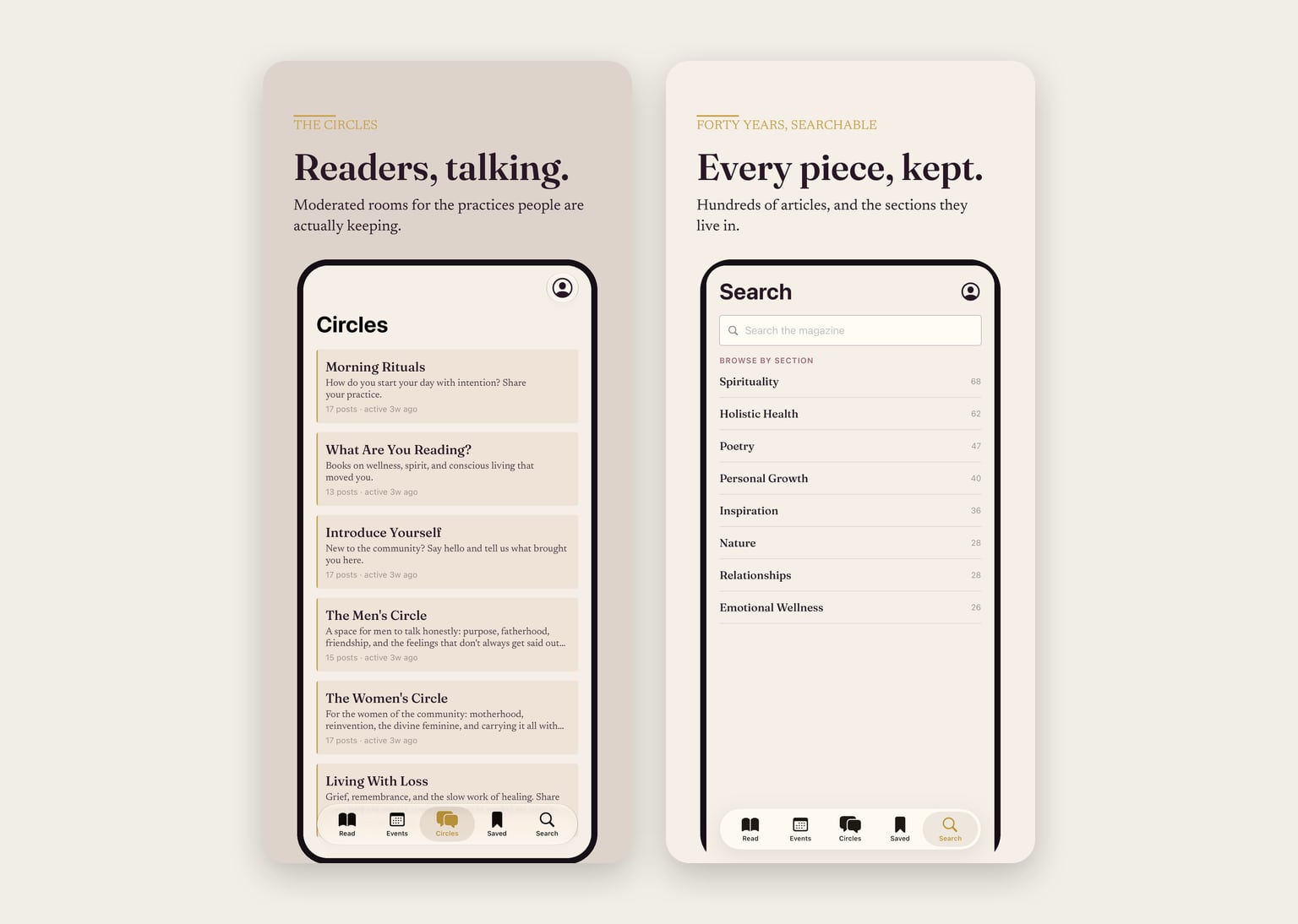 Two Creations Magazine app screens: the Circles, reader conversations such as Morning Rituals and What Are You Reading, and Search with the magazine's sections.