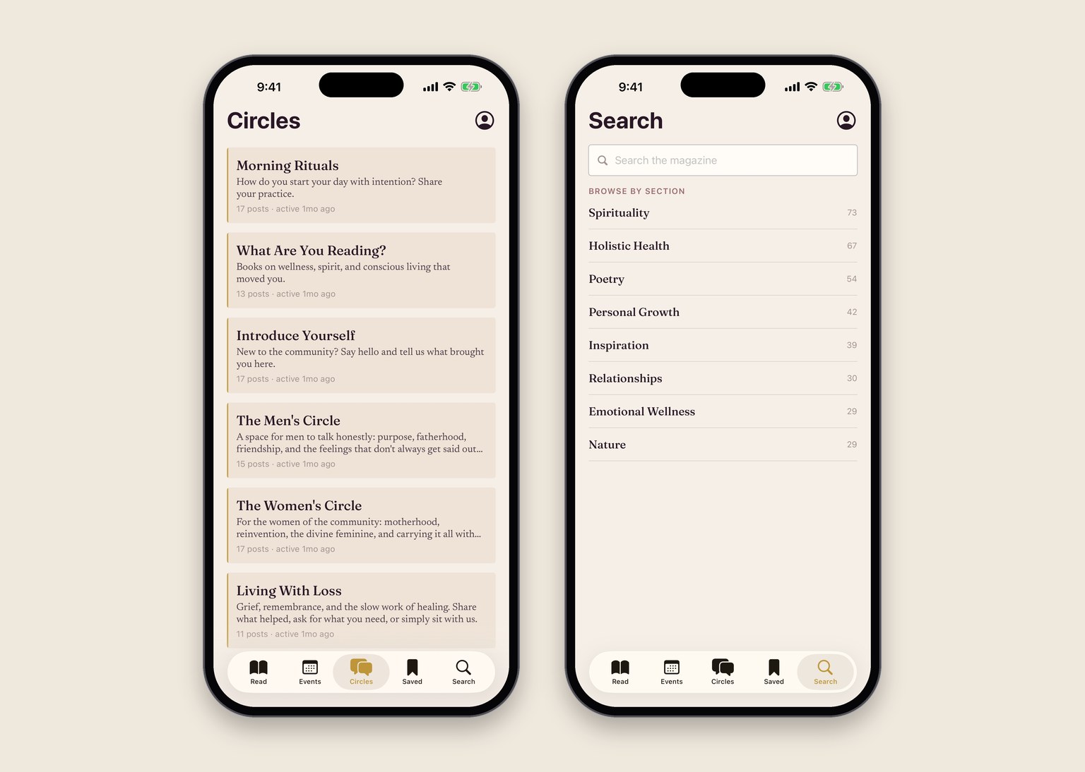Two Creations Magazine app screens: the Circles, reader conversations such as Morning Rituals and What Are You Reading, and Search with the magazine's sections.