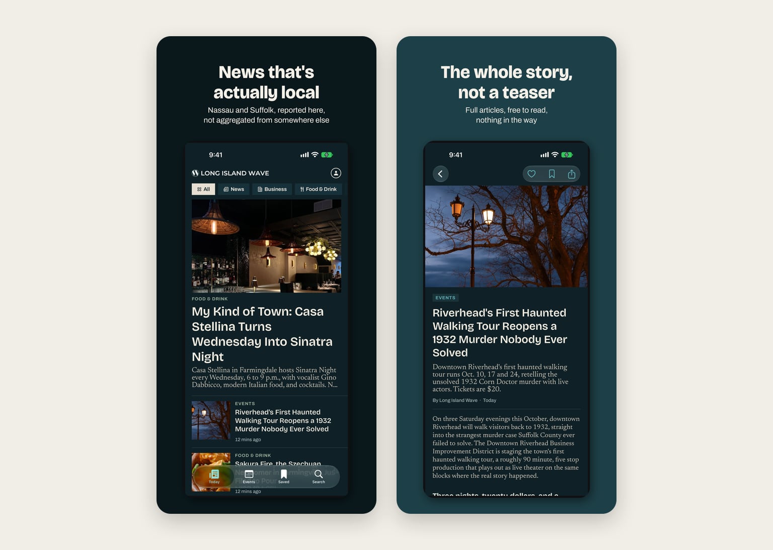 Two Long Island Wave app screens: the Today feed with section filters and a photo-led lead story, and a story open to read with its headline, photograph and article text.