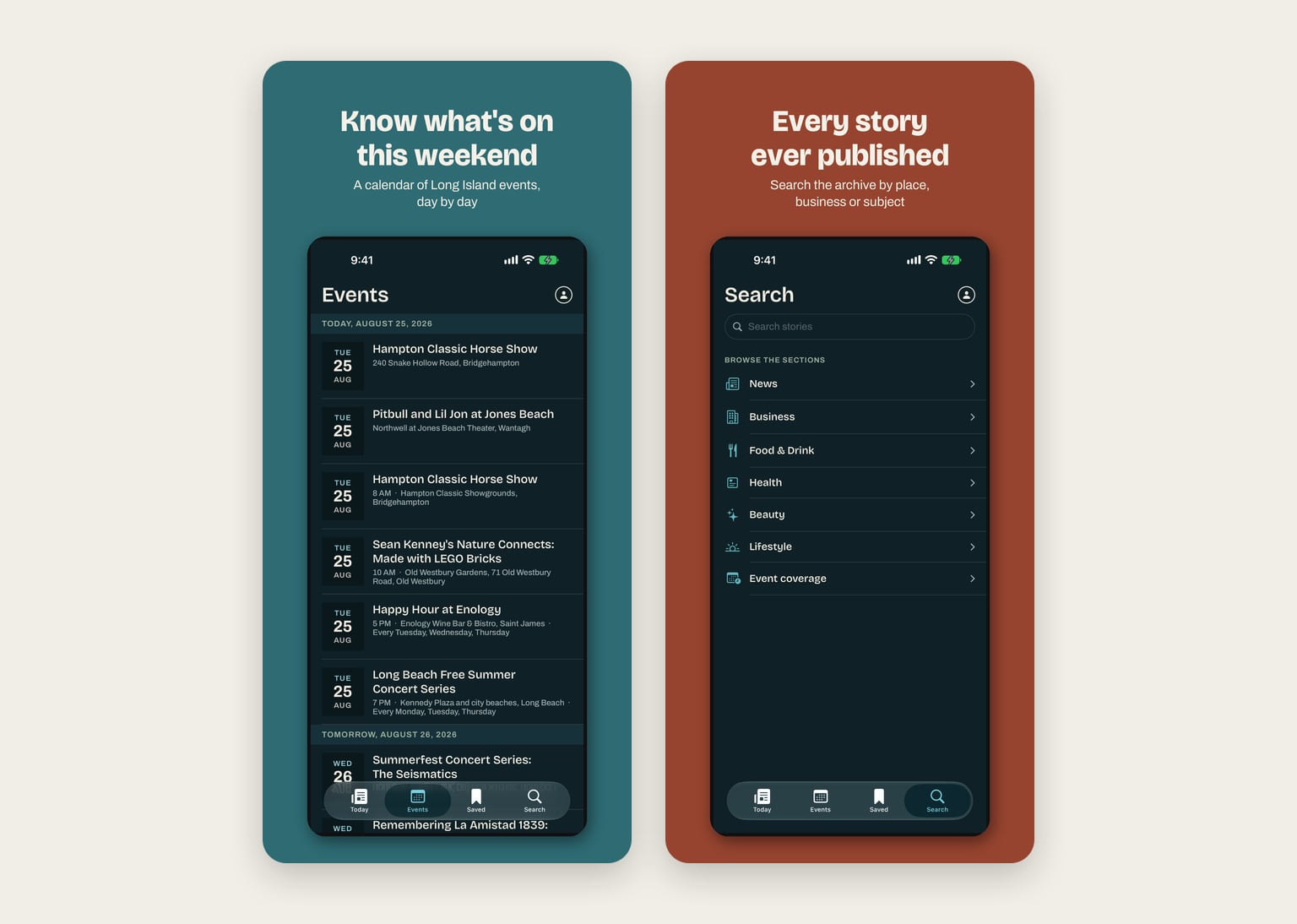 Two Long Island Wave app screens: the Events calendar with dated listings across Nassau and Suffolk, and the Search screen with the sections to browse.