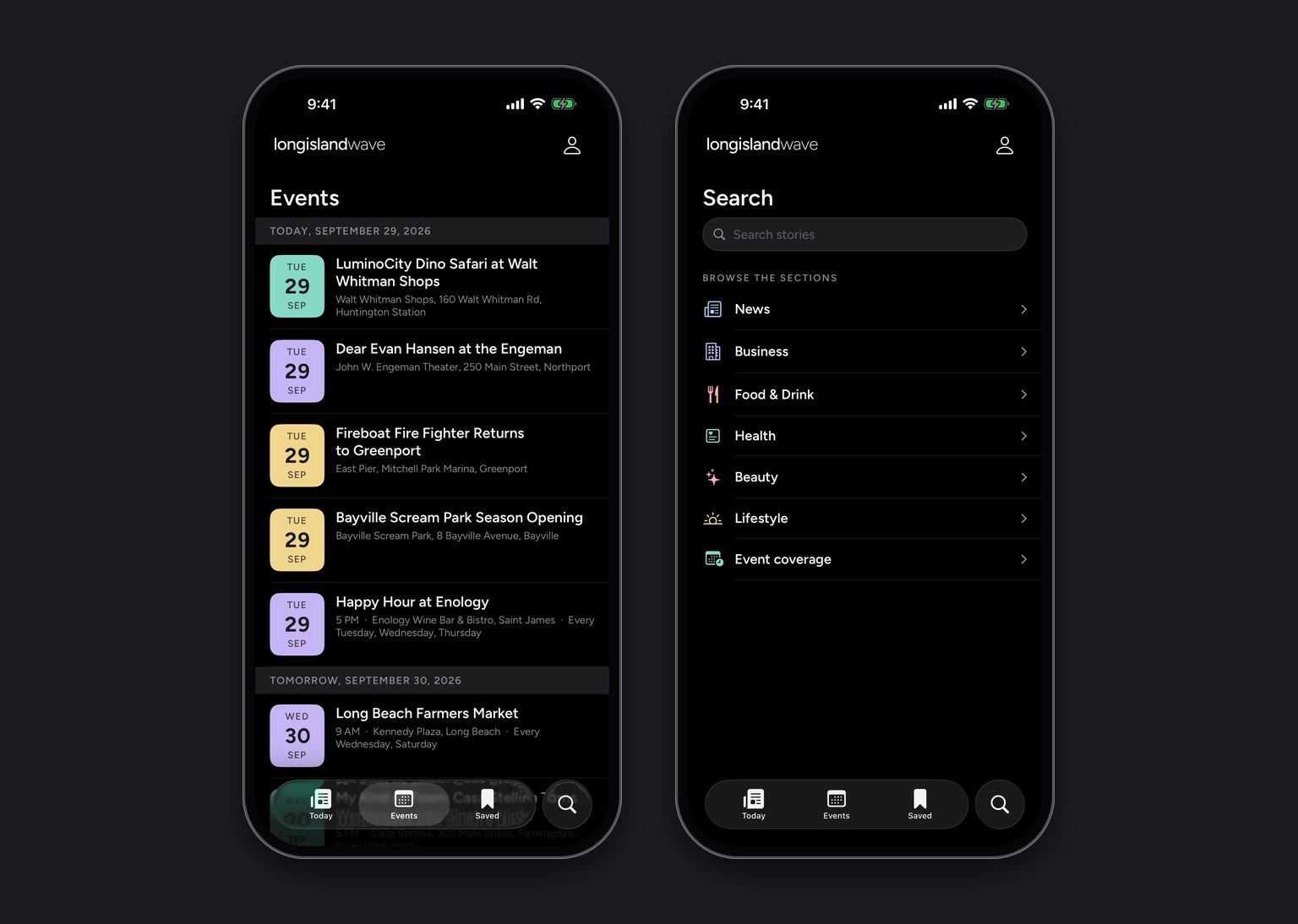 Two Long Island Wave app screens in dark mode: the Events calendar with dated listings across Nassau and Suffolk, and the Search screen with the sections to browse.