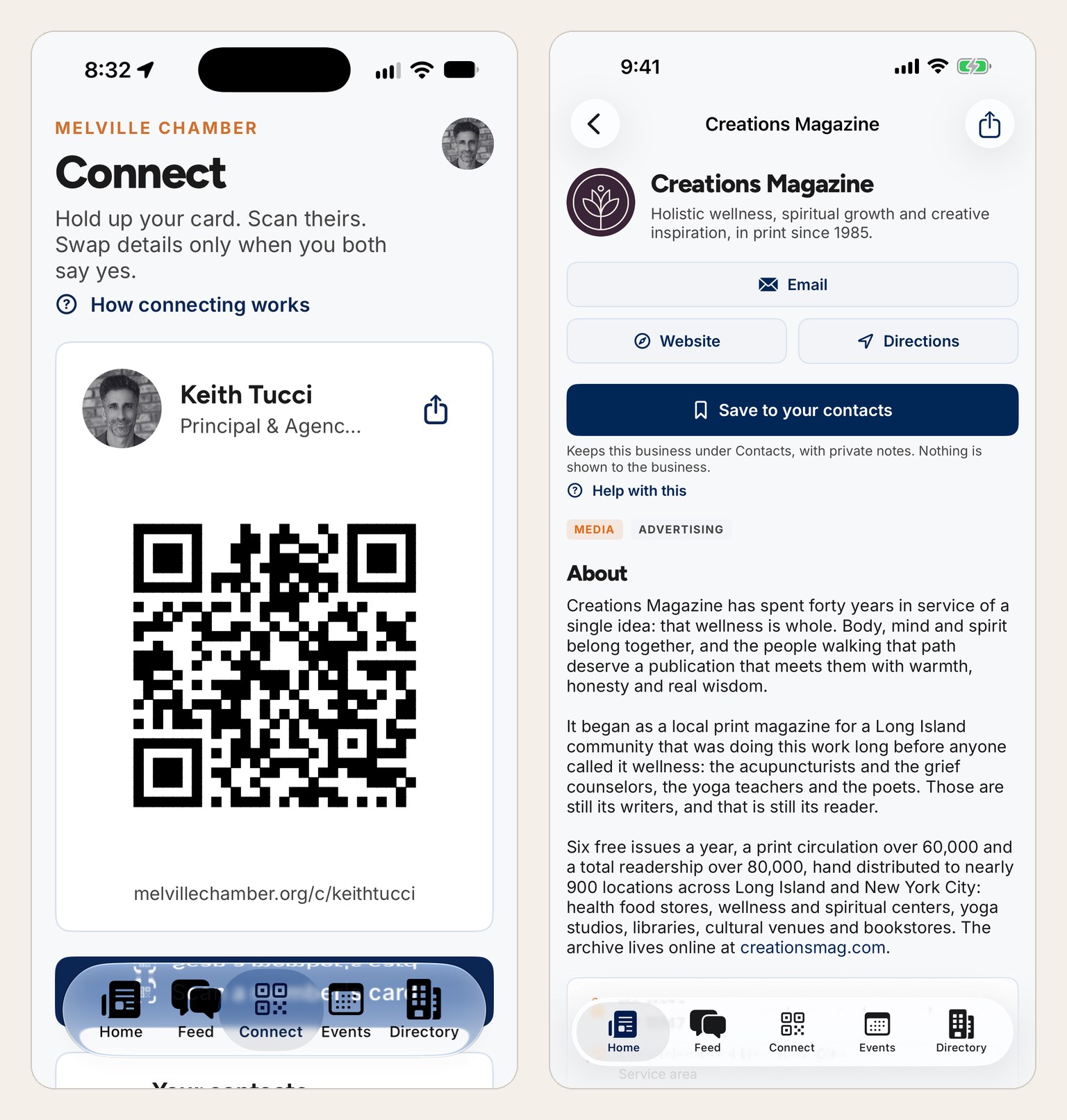 Two iPhone screens: the Connect tab showing Keith Tucci's card and QR code above a Scan a member's card button, and a member listing with Save to your contacts.