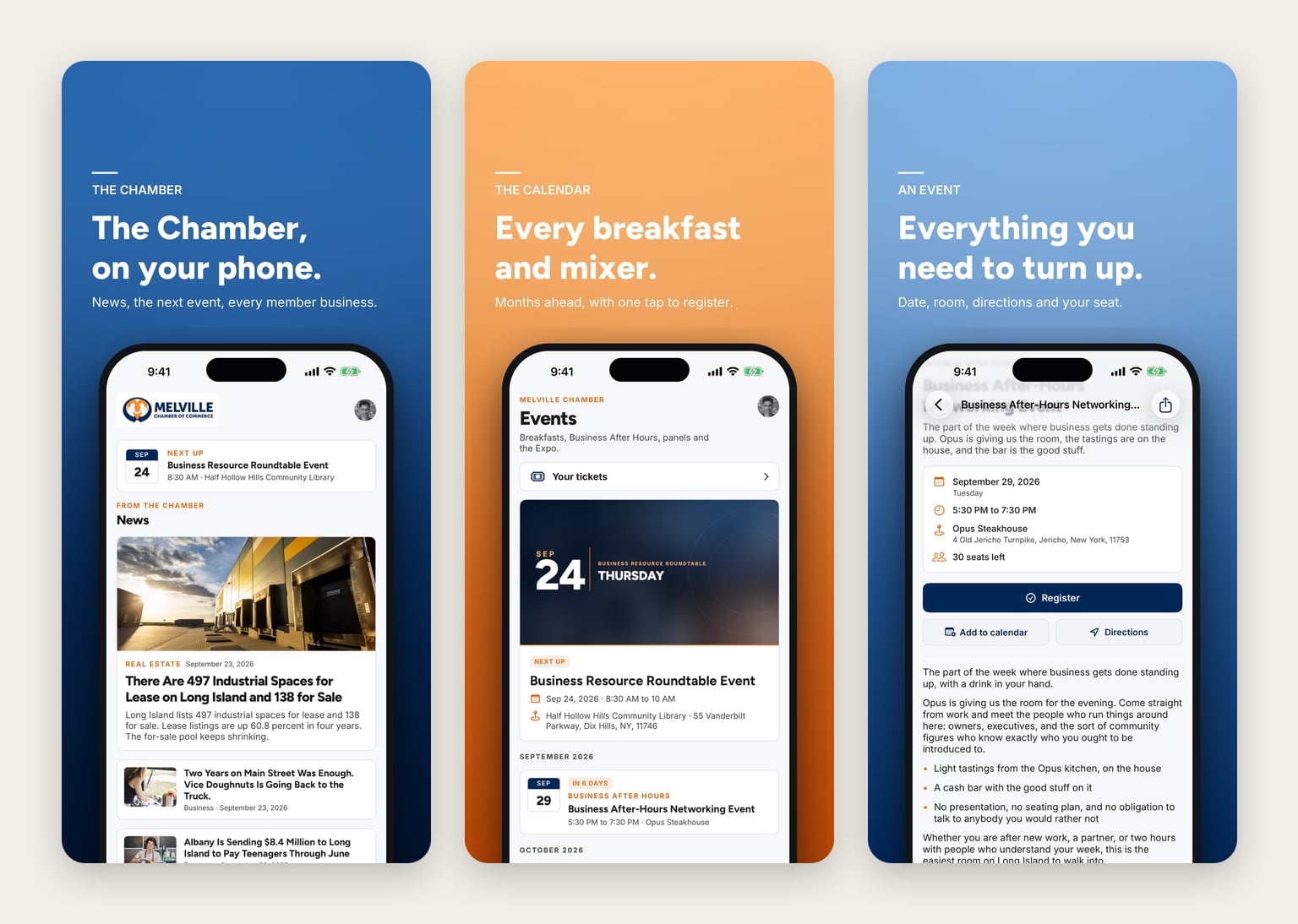 Three Melville Chamber app screens: the home screen with the next event and Chamber news, the events calendar of breakfasts and mixers, and an event page with its date, venue, seats left and a Register button.
