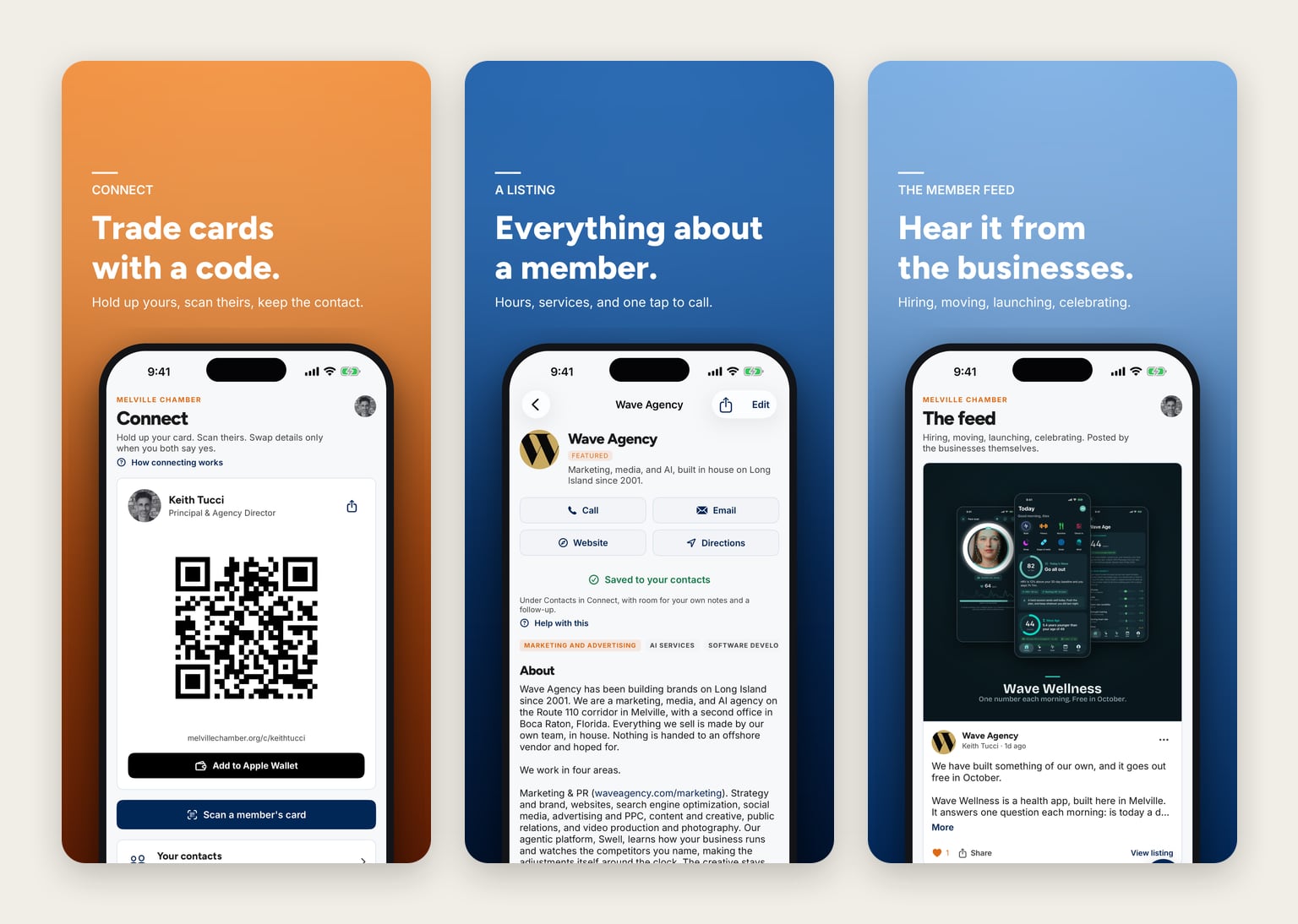 Three Melville Chamber app screens: Connect, showing a member's digital card with a QR code and Add to Apple Wallet, a member business listing with call, email, website and directions, and the member feed.