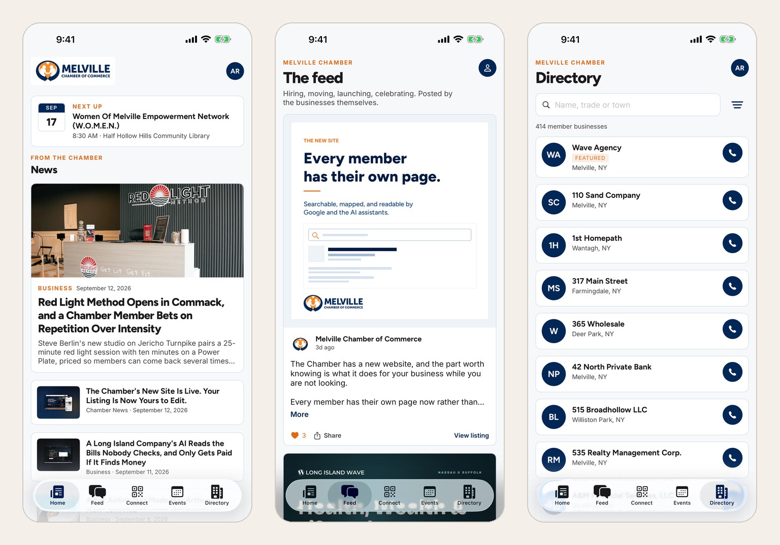 Three iPhone screens: the app home with the next event and Chamber news, the member feed, and the searchable member directory.