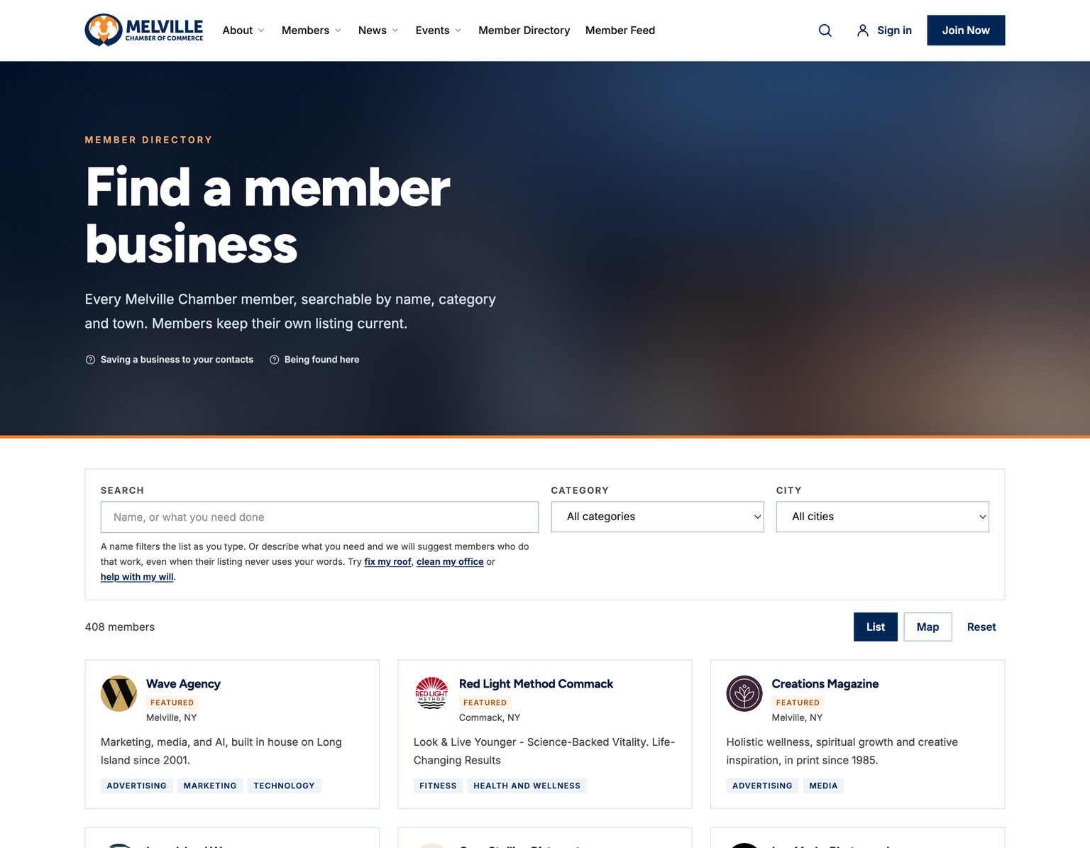 The member directory, showing a search box, category and city filters, 408 members, and a grid of member cards with logos.
