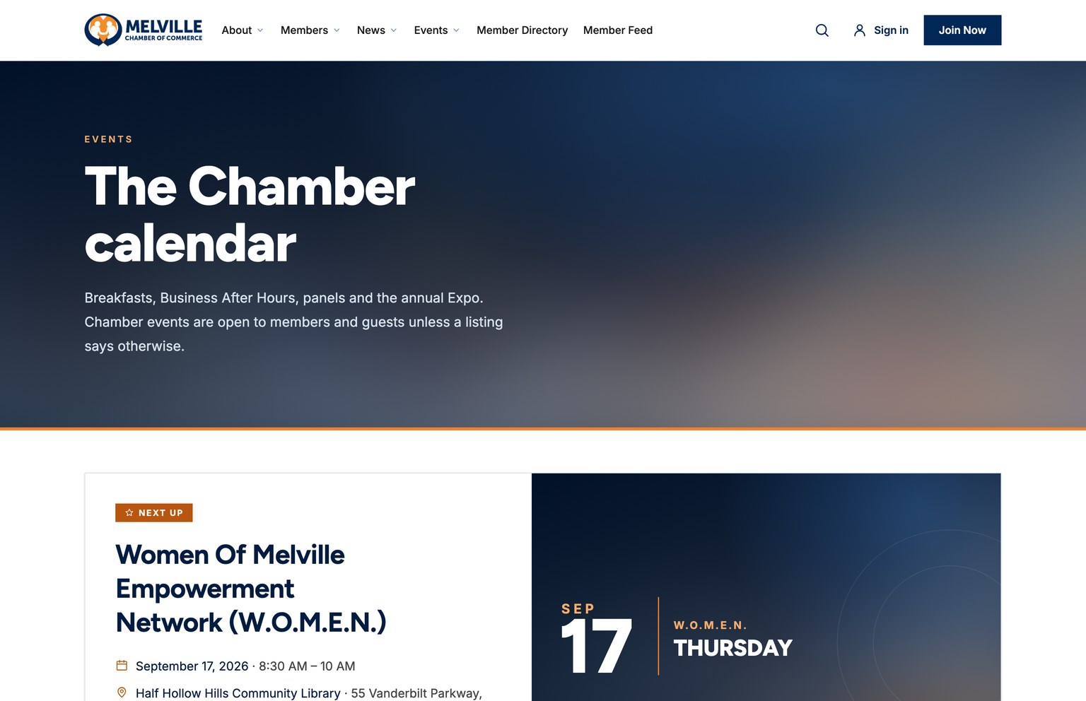 The Chamber calendar page, with the next event, Women Of Melville Empowerment Network, shown beside a large typographic date panel reading September 17.