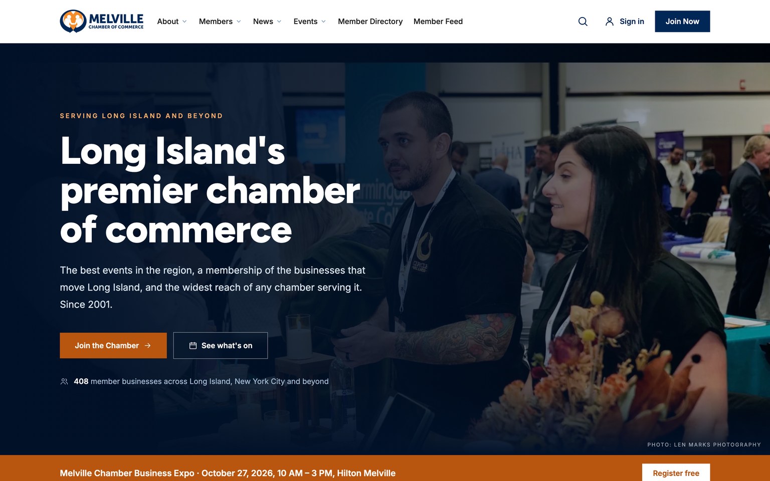 The Melville Chamber of Commerce home page, with a photograph of members at the annual expo behind the headline Long Island's premier chamber of commerce.