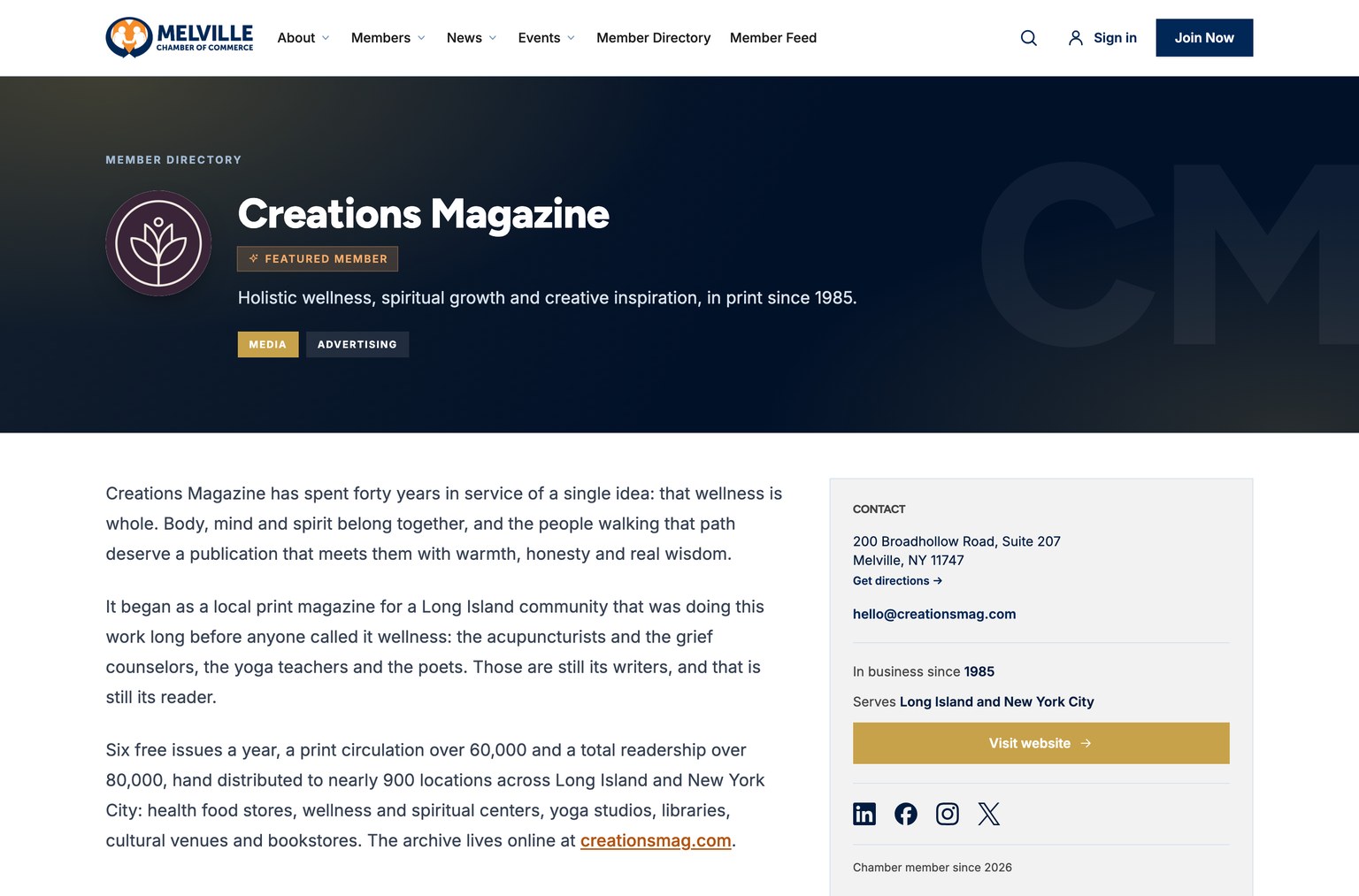 A member listing page for Creations Magazine, with logo, tagline, category tags, a long about section and a contact panel.