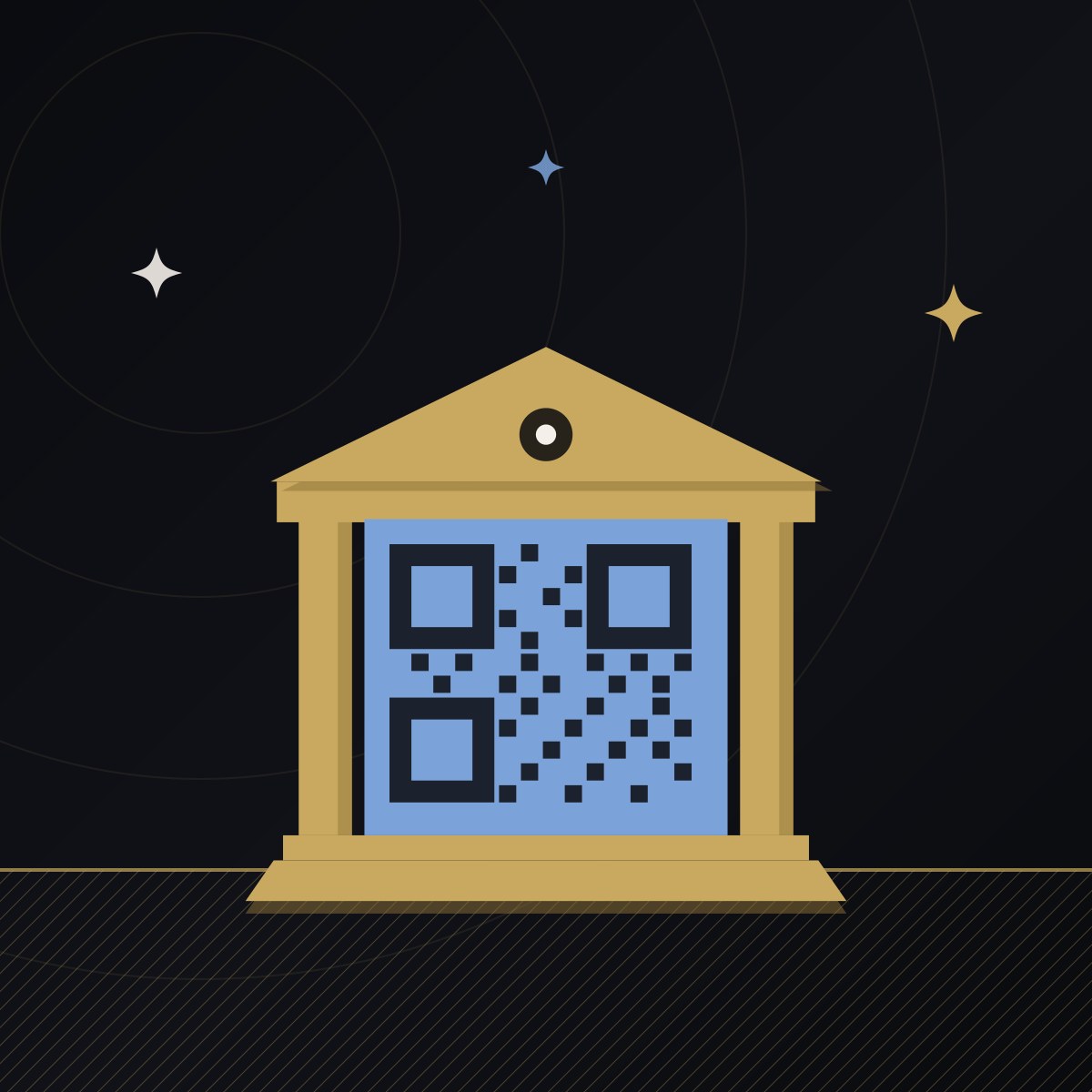 A gold columned chamber building whose facade is a light blue QR code, on a midnight ground.
