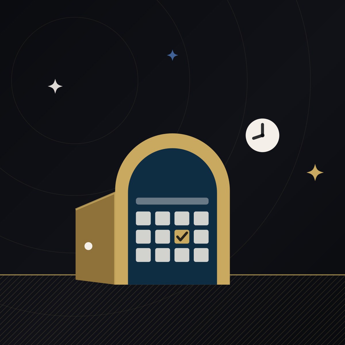 A gold door standing open on a cream calendar with one slot booked, a clock reading past nine, on a midnight ground.