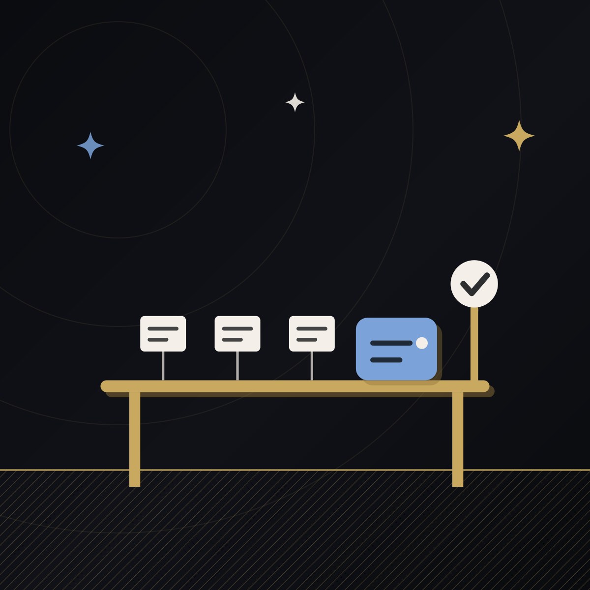 Three cream cards and a light blue machine running a gold rail toward a cream check mark, on a midnight ground.