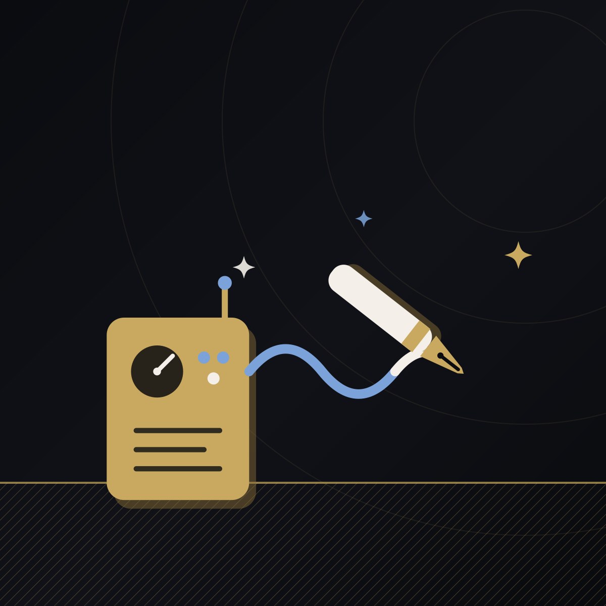 A gold machine drawing a wave line that a fountain pen finishes, on a midnight ground.