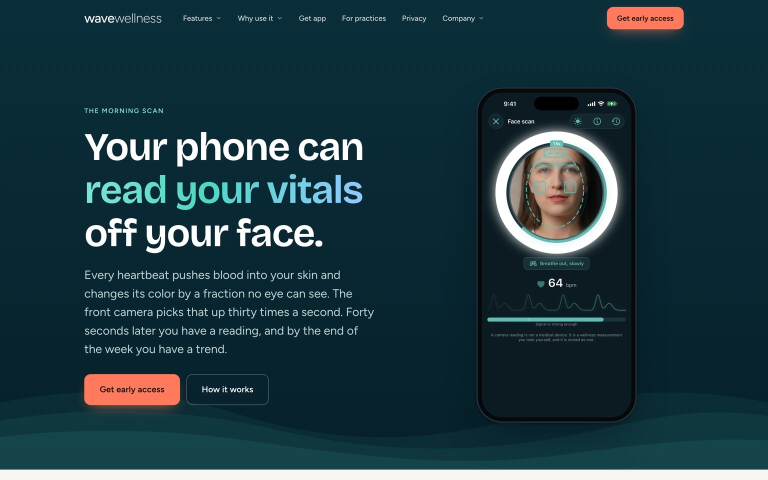 The face scan page, headlined Your phone can read your vitals off your face, with the scan screen reading 64 bpm.