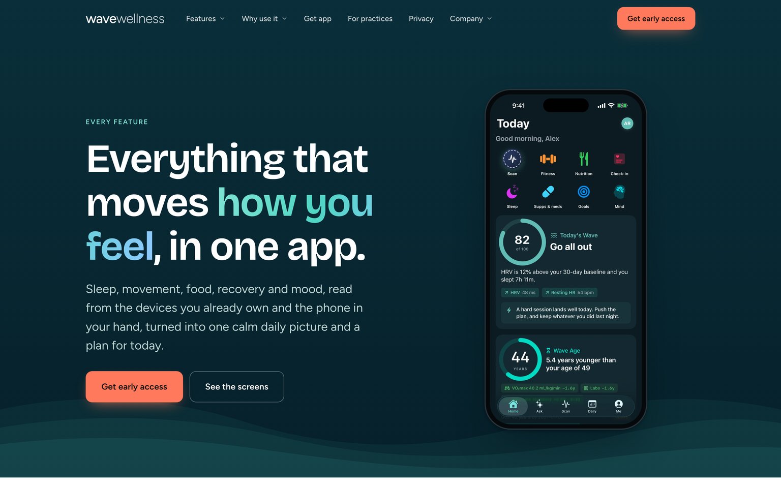 The Wave Wellness features page, headlined Everything that moves how you feel, in one app, beside the Today screen.