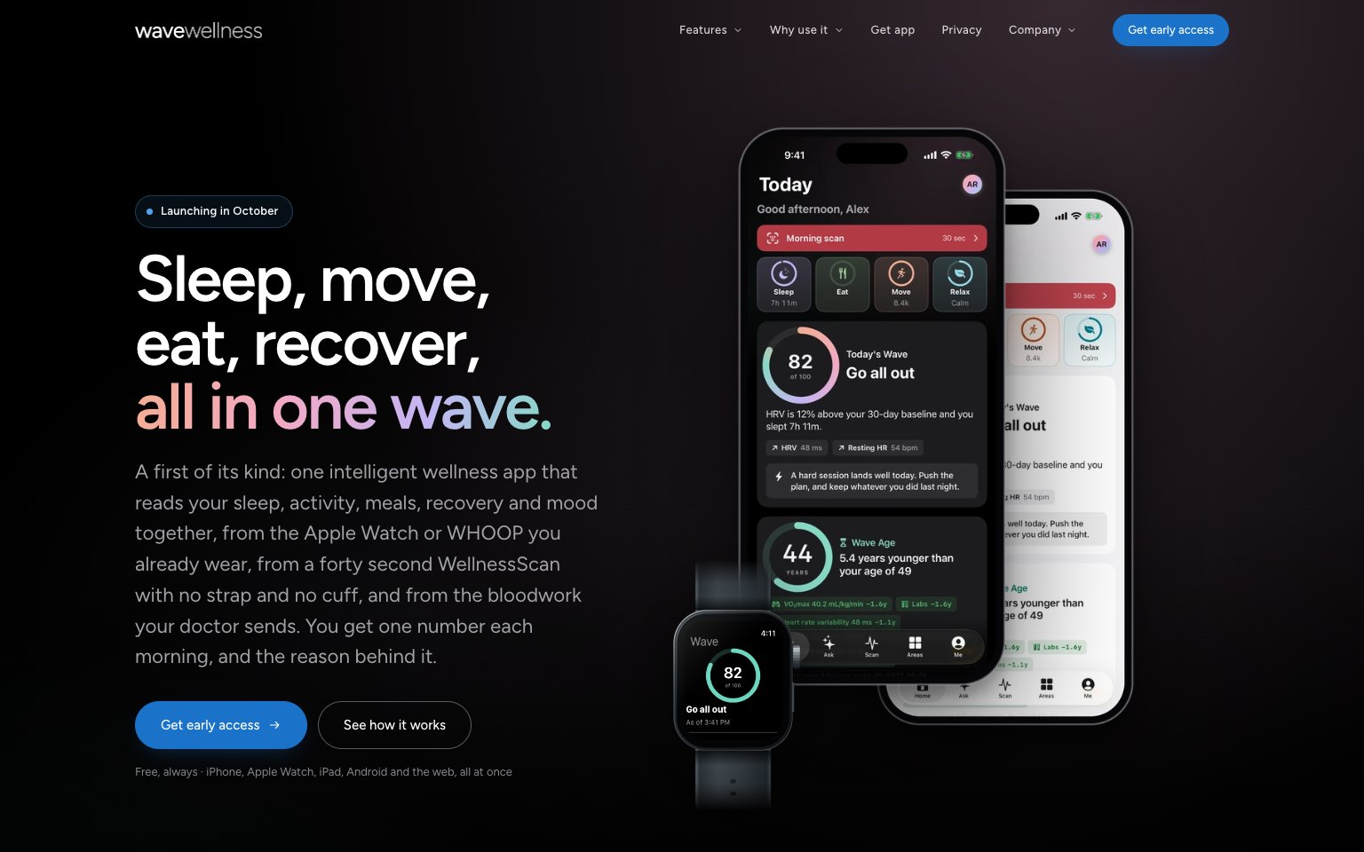 The Wave Wellness home page, headlined Sleep, move, eat, recover, all in one wave, with the app shown on an iPhone and an Apple Watch.