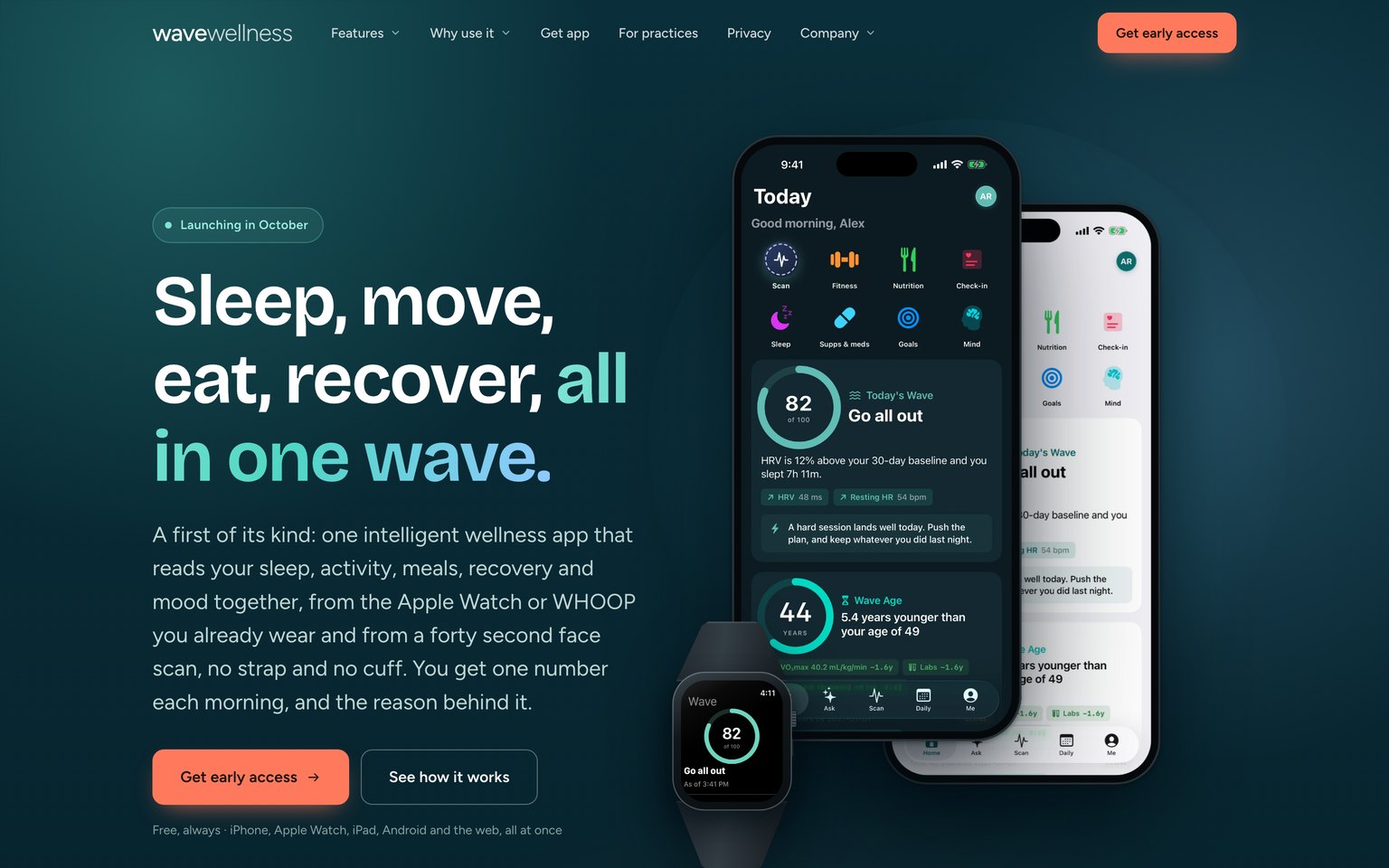 The Wave Wellness home page, headlined Sleep, move, eat, recover, all in one wave, with the app shown on an iPhone and an Apple Watch.