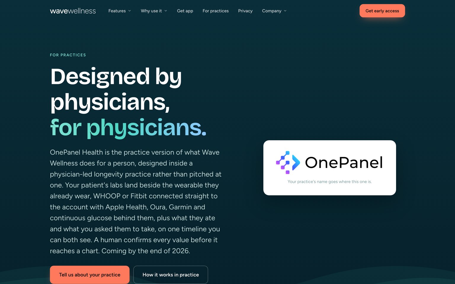 The for practices page, headlined Designed by physicians, for physicians, with the OnePanel Health logo.