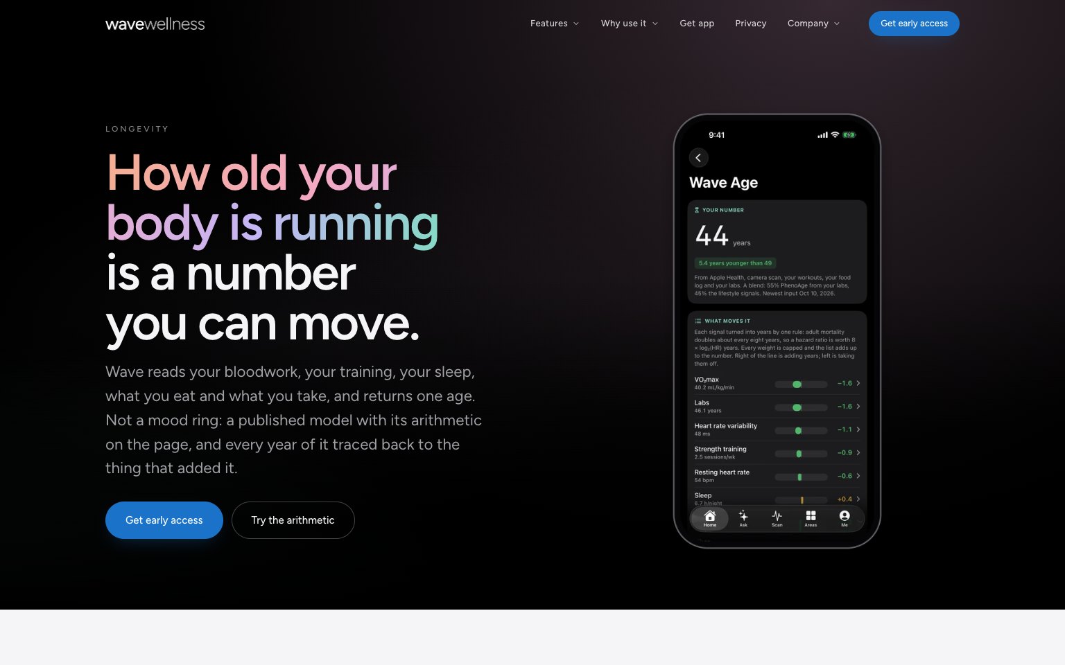 The Wave Age page, headlined How old your body is running is a number you can move, beside the Wave Age screen.