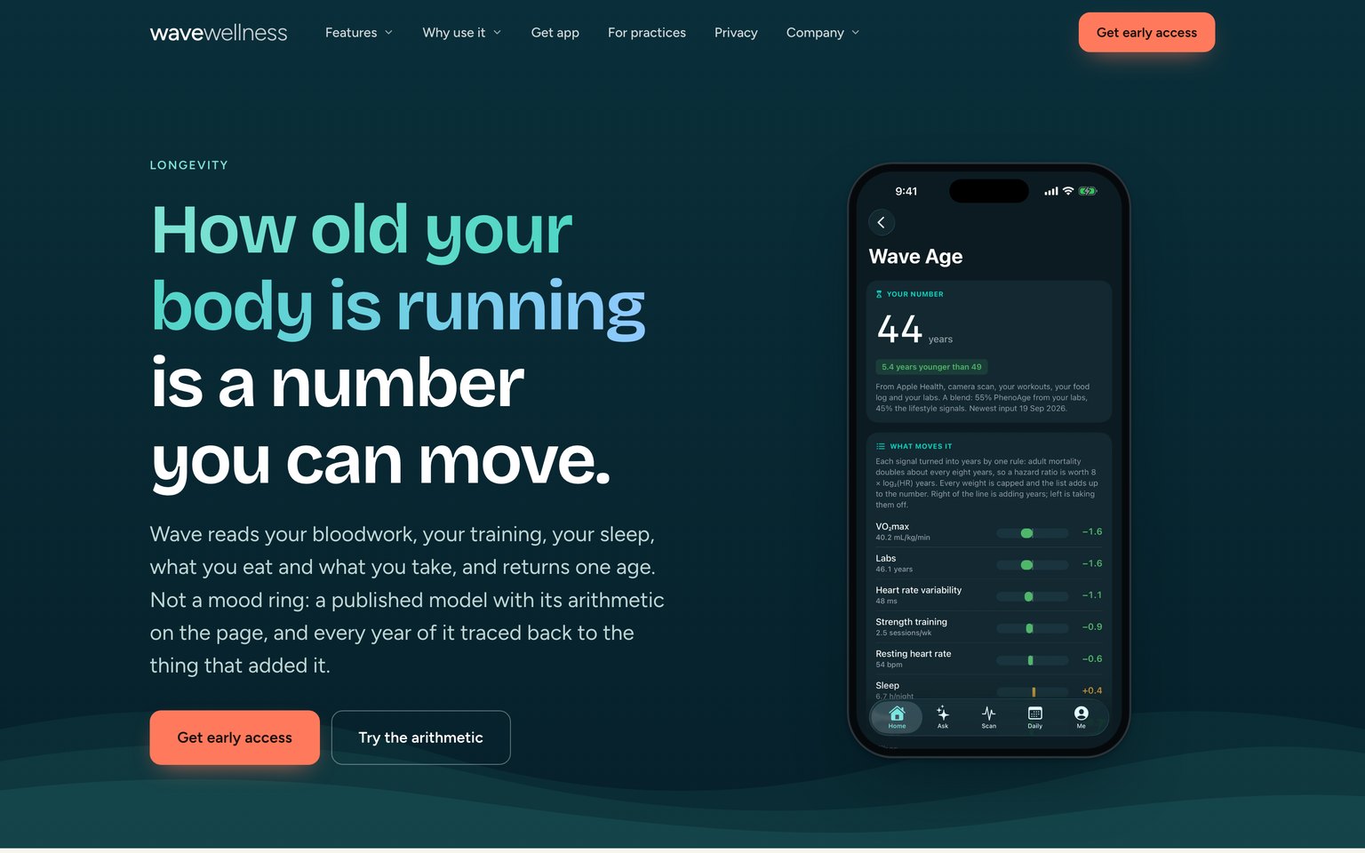 The Wave Age page, headlined How old your body is running is a number you can move, beside the Wave Age screen.