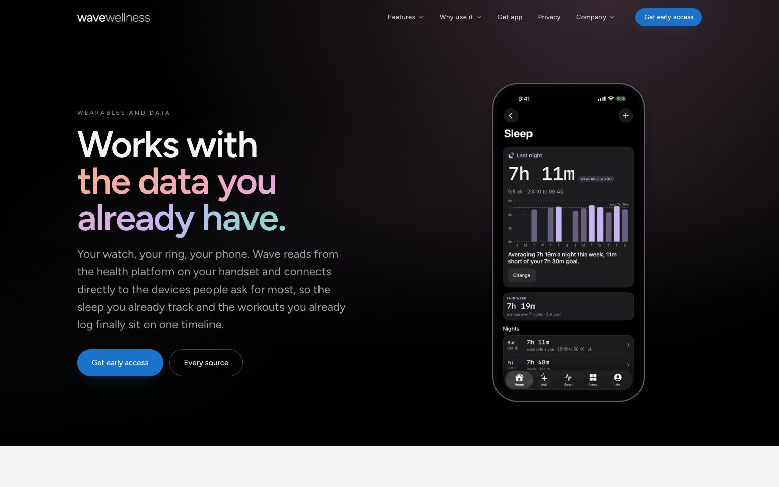 The wearables page, headlined Works with the data you already have, beside a sleep screen showing 7h 11m.