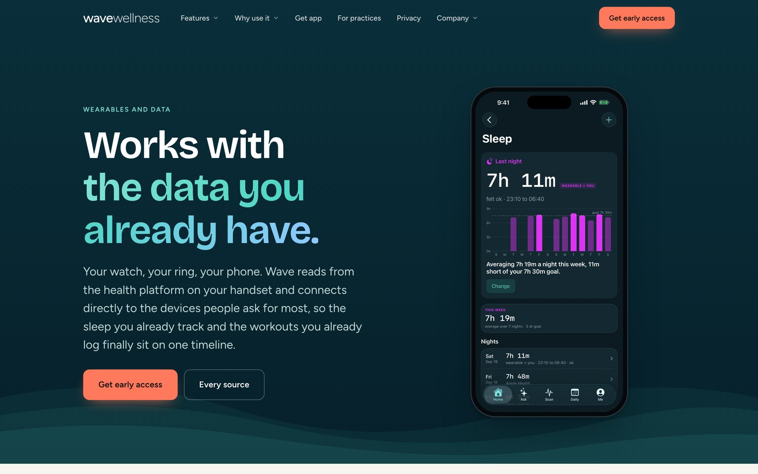The wearables page, headlined Works with the data you already have, beside a sleep screen showing 7h 11m.