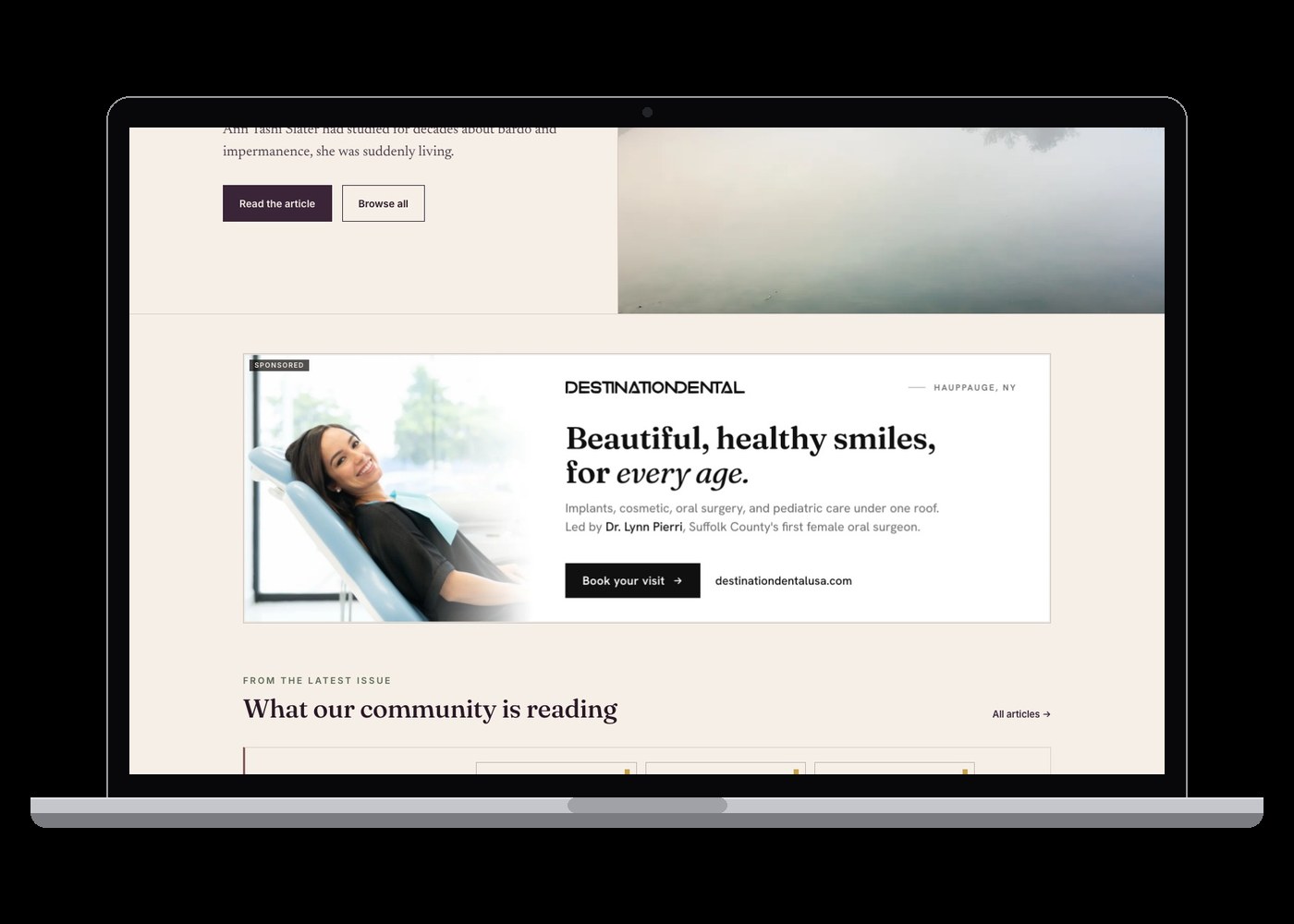 Creations Magazine's home page on a laptop with a Sponsored banner for Destination Dental under the featured piece.