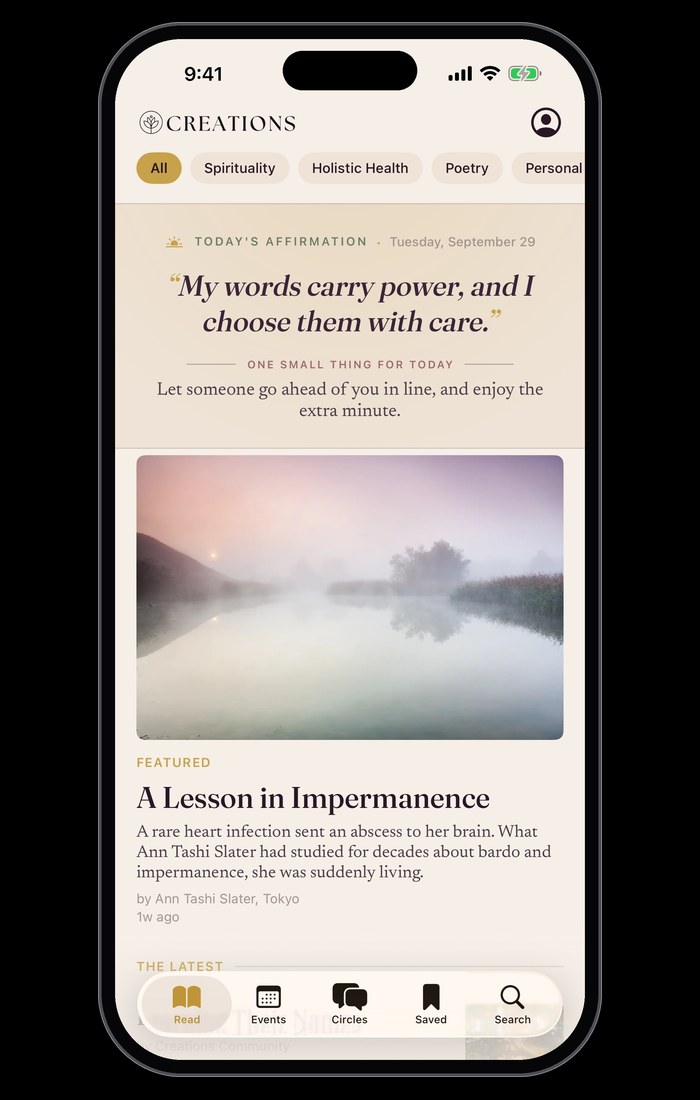 The Creations Magazine app in light mode: the day’s affirmation above the featured story.
