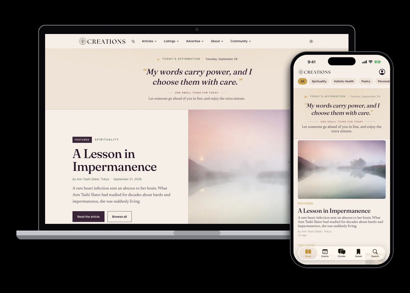 Creations Magazine's front page on a laptop and in the iPhone app, both in light mode, the day's affirmation above the featured story.