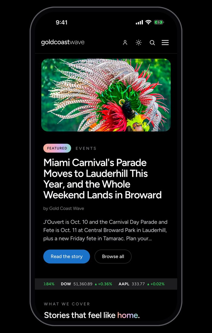 Gold Coast Wave on an iPhone in dark mode, its front page led by the Miami Carnival story.