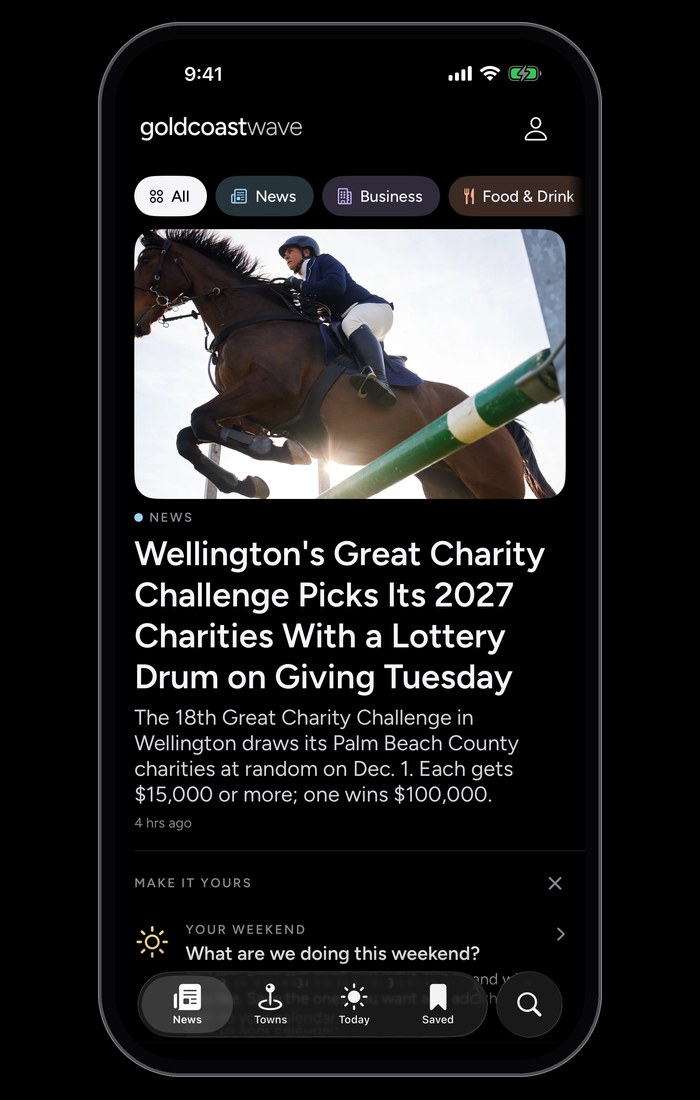 The Gold Coast Wave app in dark mode, its front page led by the Wellington Great Charity Challenge story.