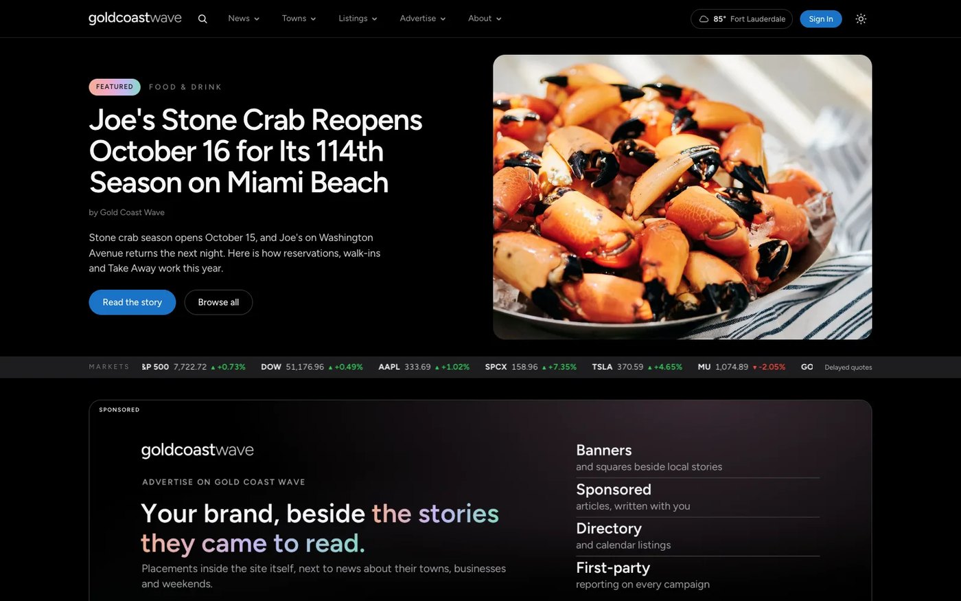 Gold Coast Wave's home page, with a Sponsored band under the lead story.