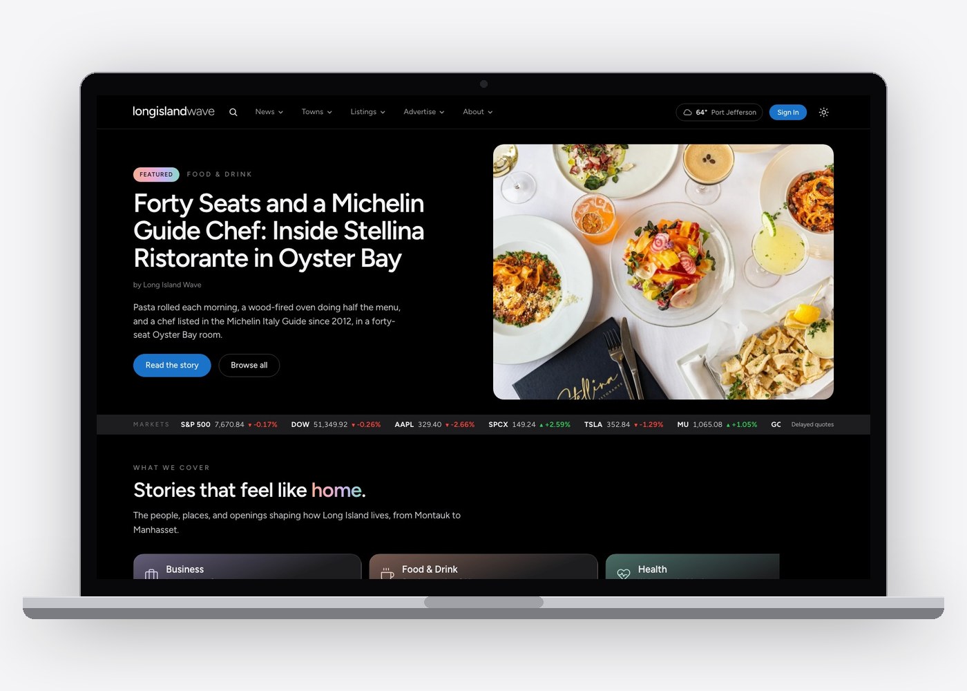 The Long Island Wave home page on a laptop, led by the Stellina Ristorante feature.
