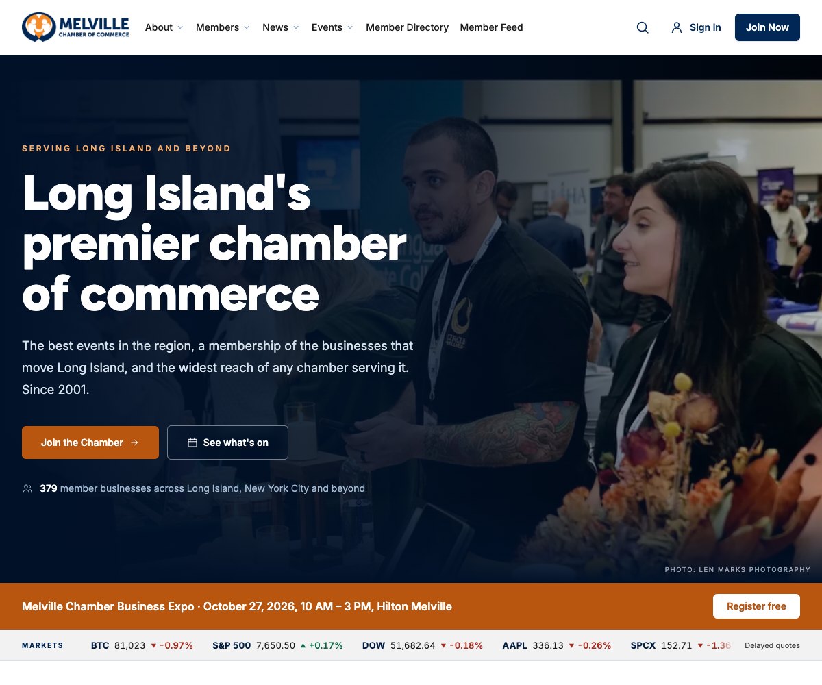 The Melville Chamber of Commerce home page, with the member count, the events bar, and the live markets ticker, all running on Wave Community.