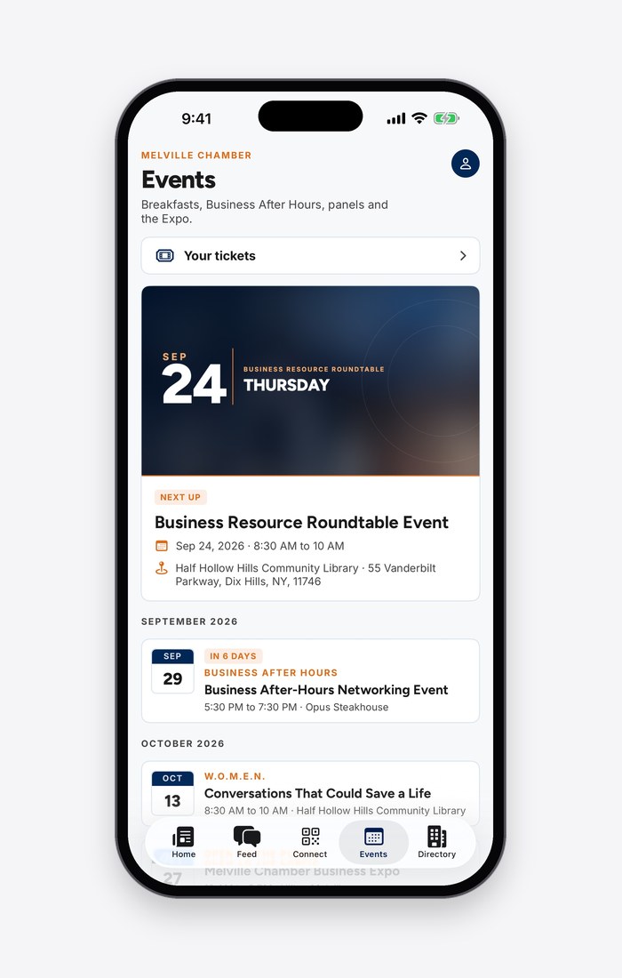 The Melville Chamber of Commerce app on its Events screen, with the next event and the month ahead.