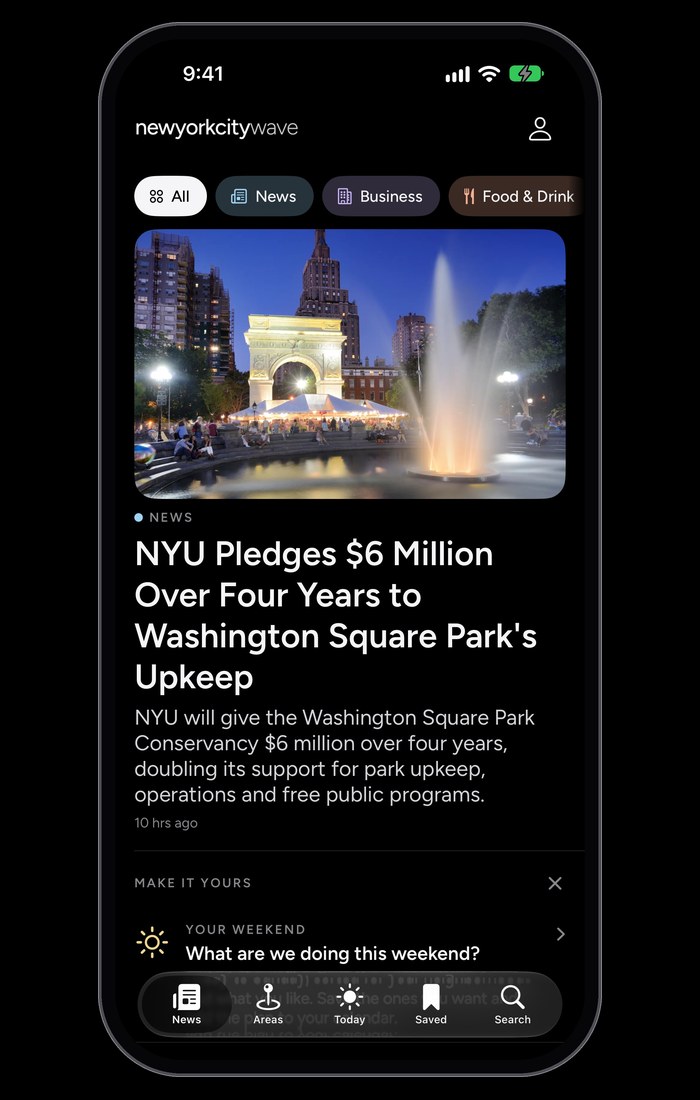 The New York City Wave app in dark mode, its front page led by the Washington Square Park story.