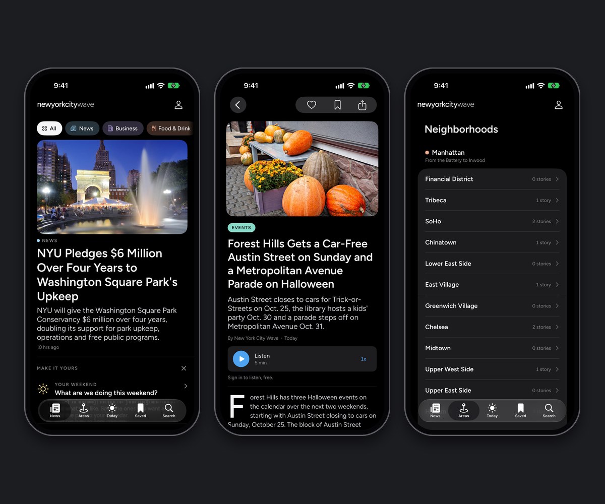 Three New York City Wave app screens in dark mode: the front page led by the Washington Square Park story, a story open to read, and the neighborhoods of Manhattan.