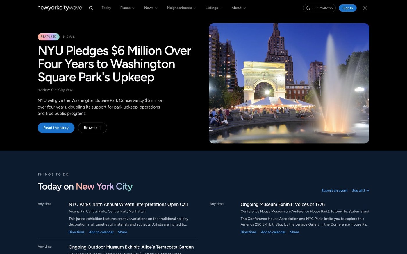 New York City Wave's home page in dark mode, led by the Washington Square Park story.
