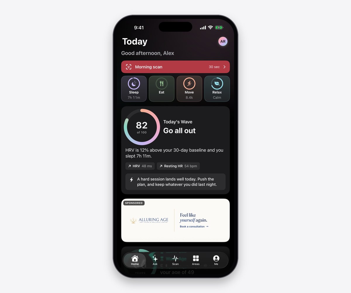 The Wave Wellness app's Today screen with a sponsored placement below the day's score, labeled Sponsored.