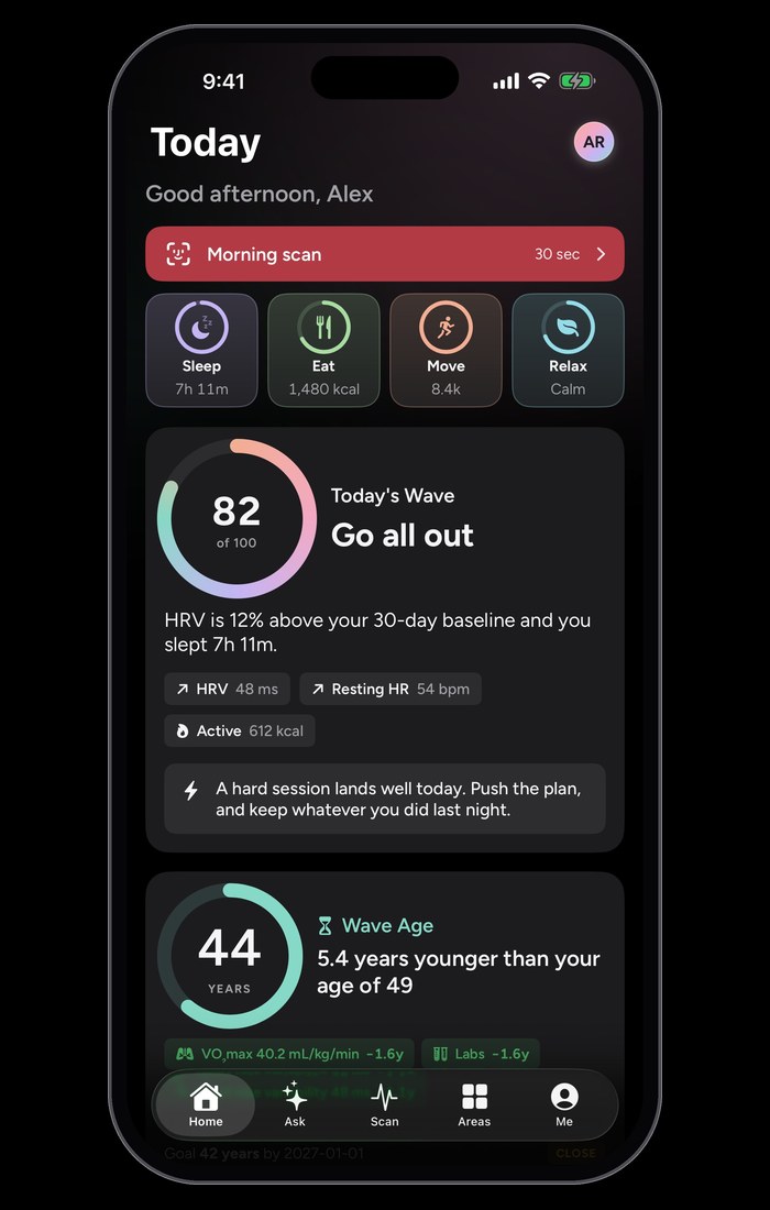 The Wave Wellness app in dark mode on its Today screen: the daily Wave score of 82 and Wave Age of 44.