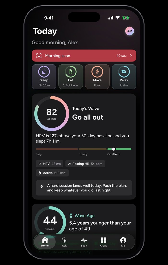 The Wave Wellness app in dark mode on its Today screen: the daily Wave score of 82 and Wave Age of 44.