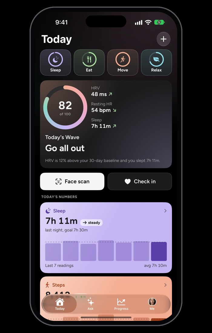The Wave Wellness app in dark mode on its Today screen: the daily Wave score of 82 and Wave Age of 44.