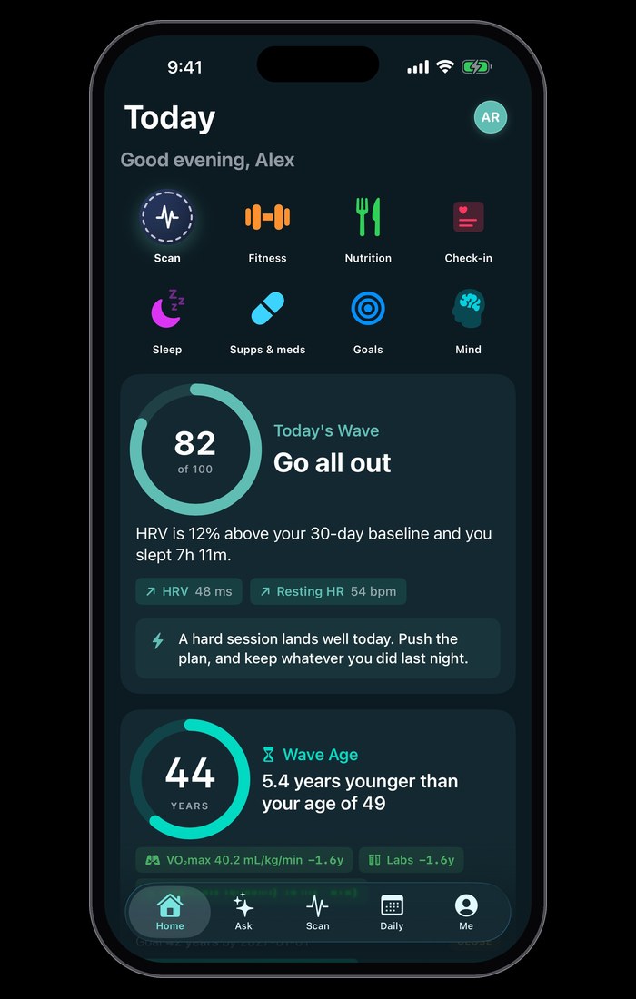 The Wave Wellness app in dark mode on its Today screen: the daily Wave score of 82 and Wave Age of 44.