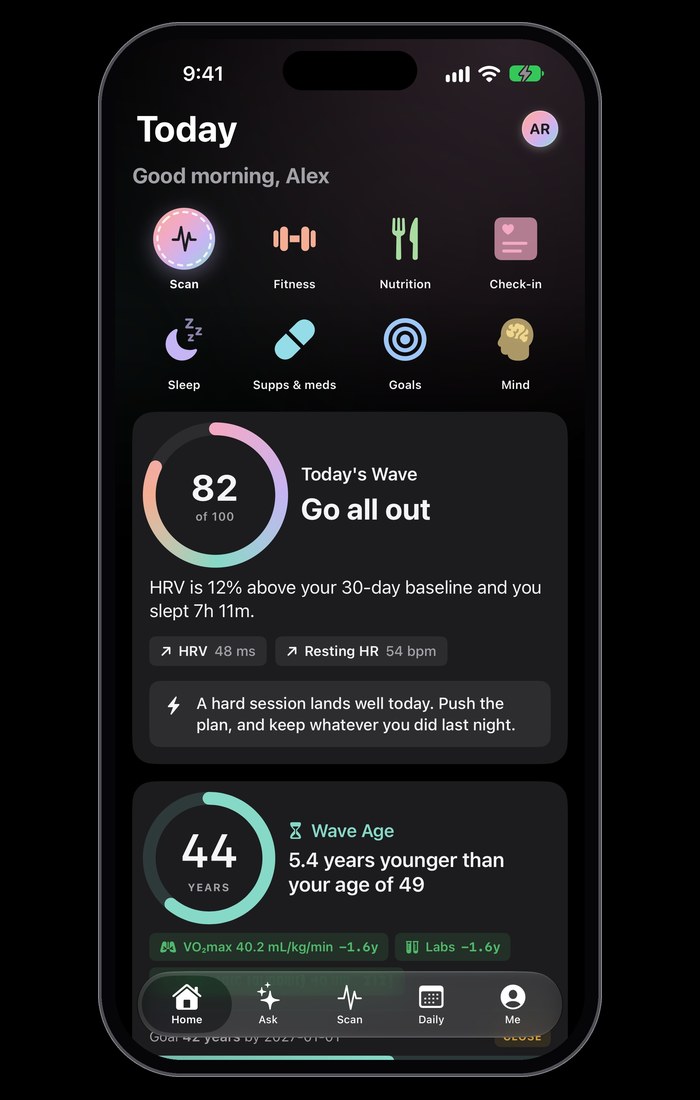 The Wave Wellness app in dark mode on its Today screen: the daily Wave score of 82 and Wave Age of 44.