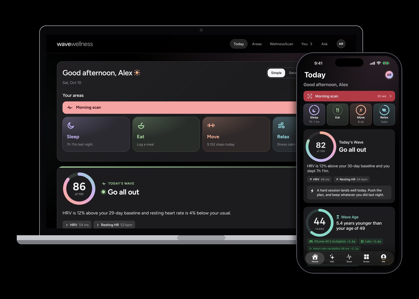 Wave Wellness's Today screen on a laptop in the web app and on an iPhone in the app, each with the day's score and Wave Age.