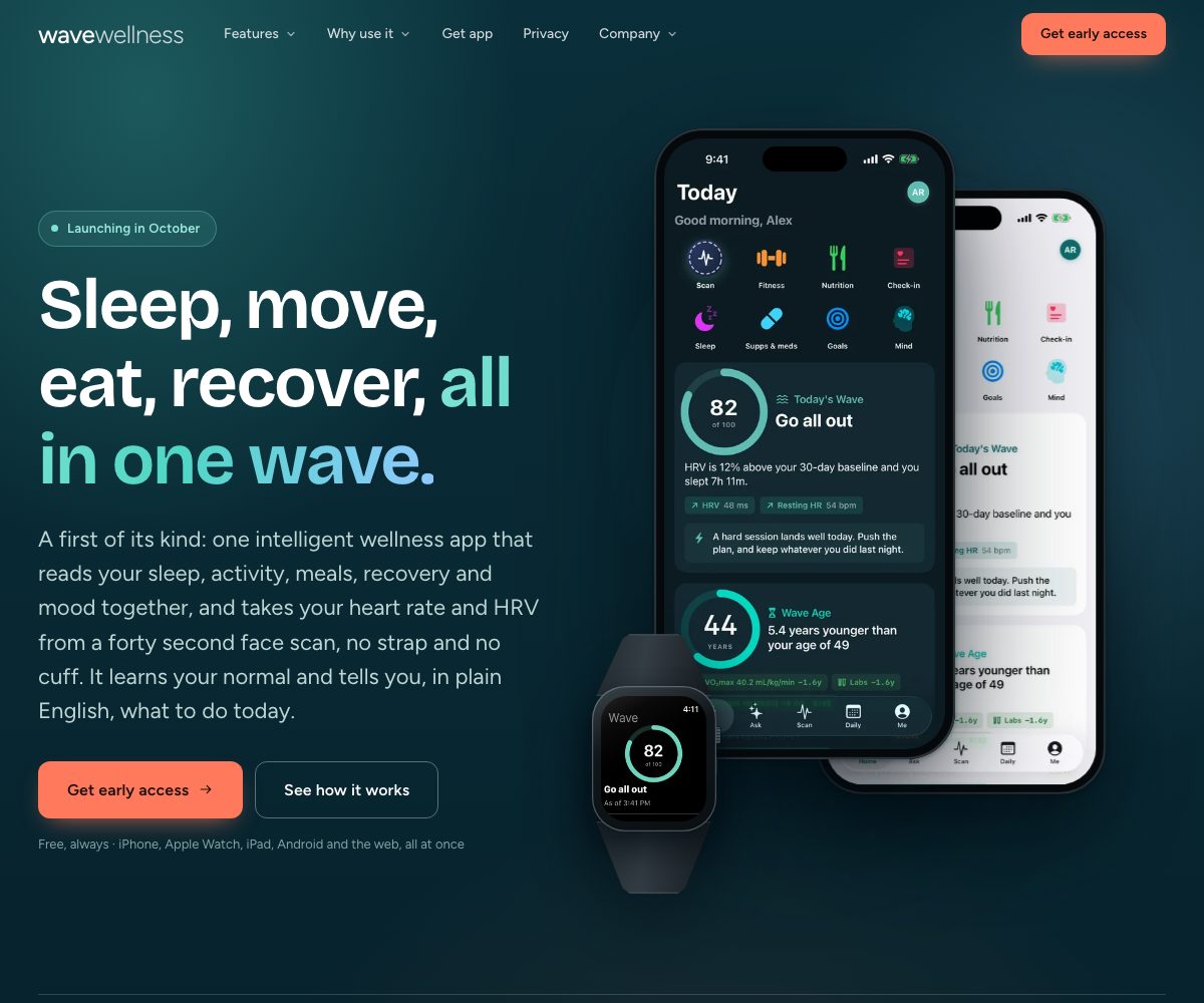 The Wave Wellness home page, showing the app on an iPhone and an Apple Watch with the daily Wave score and Wave Age.
