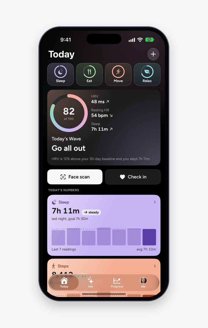 The Wave Wellness app in dark mode on its Today screen, with the daily score and Wave Age.