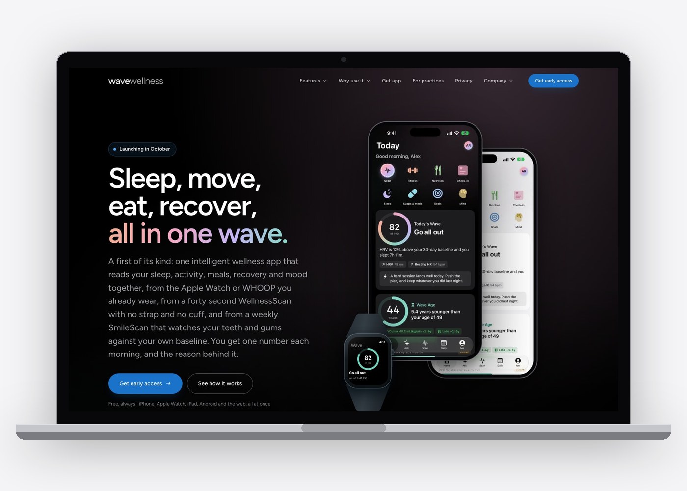 The Wave Wellness home page on a laptop, with the app on an iPhone and an Apple Watch.