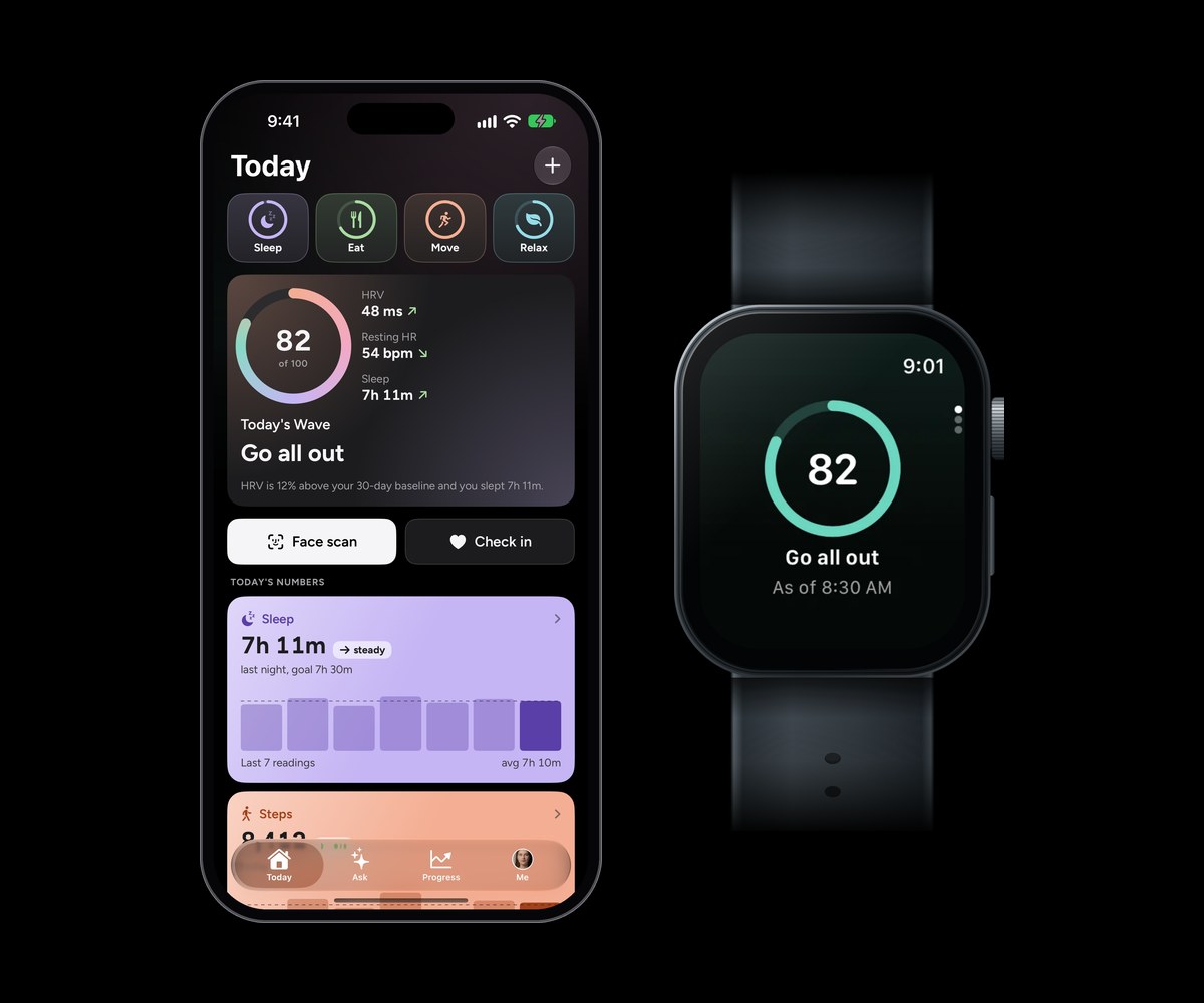 Wave Wellness's Today screen on an iPhone beside the Apple Watch app, which shows today's Wave of 82, Go all out.